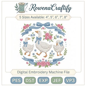 May include: Digital embroidery machine file featuring three white geese with blue bows, surrounded by pink roses and blue ribbons. The text "Rowena Craftify" and "5 Sizes Available: 4", 5", 6", 7", 8"" are displayed.