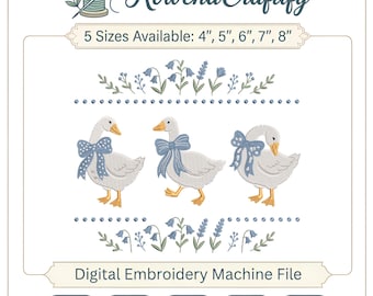 Diseño de bordado a máquina de ganso con lazo azul, patrón de tres gansos estilo cottagecore, archivo de bordado de ganso floral vintage, diseño digital personalizado PES