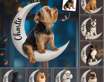 Personalized Dog on Moon Ornament, Dog Sitting on the Moon Ornament, Memorial Pet Ornament, Dog Loss Keepsake, Holiday Tree Decor