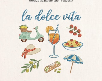 9 La Dolce Vita Embroidery Designs Bundle, Italian Summer Machine Embroidery, Mediterranean Food, Aperol Spritz, Pasta, Travel Gift File