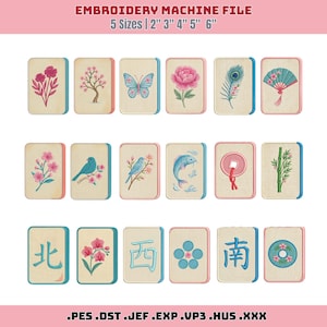 Puede incluir: Un archivo de bordado digital con 18 dise&ntilde;os rectangulares que incluyen flores, una mariposa, una pluma de pavo real, un abanico, p&aacute;jaros, un pez, bamb&uacute; y caracteres asi&aacute;ticos. Texto: EMBROIDERY MACHINE FILE 5 Sizes | 2" 3" 4" 5" 6" .PES .DST .JEF .EXP .VP3 .HUS .XXX