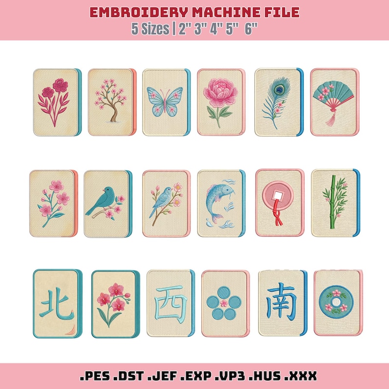 Puede incluir: Un archivo de bordado digital con 18 dise&ntilde;os rectangulares que incluyen flores, una mariposa, una pluma de pavo real, un abanico, p&aacute;jaros, un pez, bamb&uacute; y caracteres asi&aacute;ticos. Texto: EMBROIDERY MACHINE FILE 5 Sizes | 2" 3" 4" 5" 6" .PES .DST .JEF .EXP .VP3 .HUS .XXX