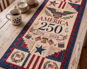 アメリカ建国250周年記念キルティングテーブルランナー、ヴィンテージ愛国装飾、建国500周年（1776年～2026年）、7月4日アメリカンセンターピース