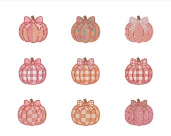 Mini Pumpkins Coquette Bow Machine Embroidery Design Bundle, Pink Pumpkin Embroidery Design, Halloween Pumpkin Autumn PES, 5 sizes