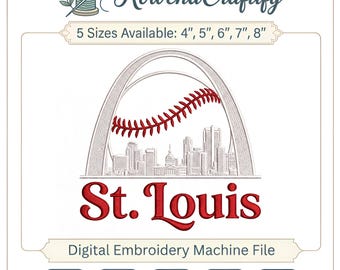 Puede incluir: Archivo digital para máquina de bordar con un diseño de béisbol, el horizonte de St. Louis y el texto "St. Louis". Disponible en 5 tamaños: 10 cm, 13 cm, 15 cm, 18 cm y 20 cm.