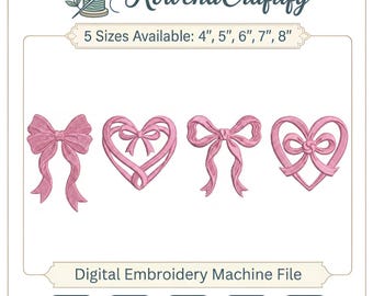 Coquette Pink Bow Embroidery Design, Heart Ribbon Machine Embroidery File, Trendy Girly Aesthetic, Dainty Bows for Sweatshirts, PES DST JEF