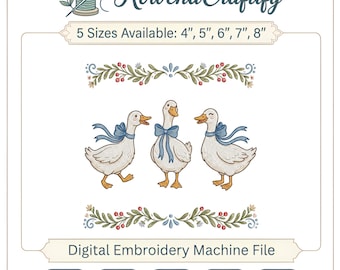 Three Little Goose Machine Embroidery Design, Vintage Goose with Blue Bow, Farmhouse Nursery Embroidery File, Cottagecore Floral Ducks PES