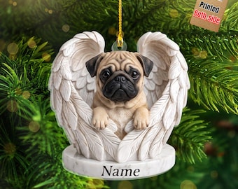 Personalized Pug Angle Wings Ornament, Pug Dog Sleeping Angel Wings Ornament, Custom Memorial Pet Keepsakes, Holiday Tree Decor