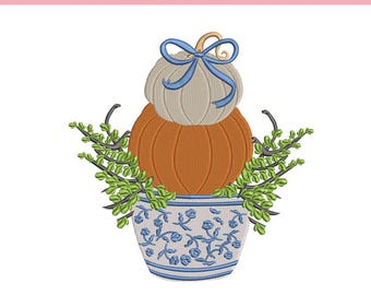 Pumpkin Topiary Embroidery Design, Blue Chinoiserie Pumpkin Vase Embroidery Machine File, Fall Season Design, 5 sizes - Pes Dst Jef Exp Vp3