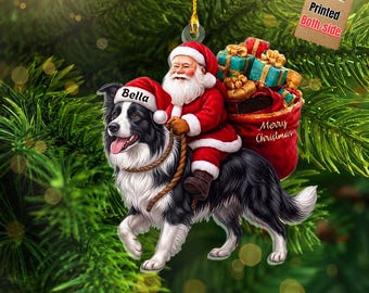 Santa Riding Border Collie Christmas Ornament, Funny Dog Tree Hanging Decoration, Holiday Pet Gift, Custom Rottweiler Dog Ornament