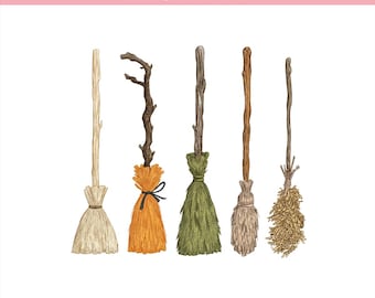 Halloween Witch Brooms Embroidery File, Cute Coquette Bow Broomstick Digital File, Spooky Girl Witchcraft Instant Download, 5 sizes
