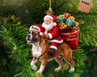 Santa Riding Boxer Christmas Ornament, Funny Dog Tree Hanging Decoration, Holiday Pet Gift, Custom Rottweiler Dog Ornament