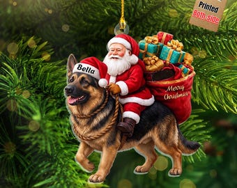 Santa Riding German Shepherd Christmas Ornament, Funny Dog Tree Hanging Decoration, Holiday Pet Gift, Custom Rottweiler Dog Ornament