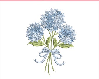 Blue Hydrangea Bouquet Embroidery Design, Floral Bow Hydrangea Machine Embroidery File, Vintage Botanical Flower Pattern, 5 Sizes