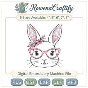 Personalized Bunny with Glasses Embroidery Design, Custom Floral Rabbit Sketch Digital File, Spring Girl Shirt Pattern, Made to Order File