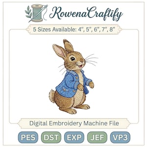 May include: Digital embroidery machine file of a cartoon rabbit in a blue jacket. The image includes the text "RowenaCraftify" and "5 Sizes Available: 4", 5", 6", 7", 8"", plus file type abbreviations.