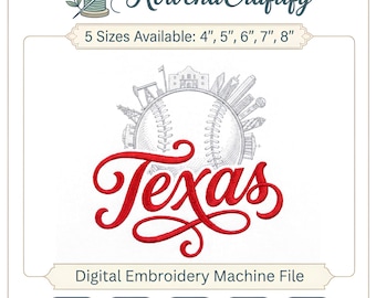 Diseño de bordado de béisbol de Texas, archivo de bordado a máquina del horizonte de Dallas, texto para aficionados al deporte del día del partido, orgullo texano rojo, regalo para mamás beisboleras
