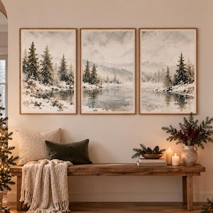 Julväggdekorationer set med 3, vinterskogstriptyk, snöig tallträds jultryck
