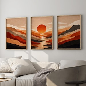 Abstrakt väggkonst set med 3, terrakottabergstryck, triptyk med solnedgångslandskap från mitten av århundradet