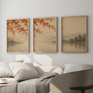 Japansk höstväggkonst set med 3, Japandi-sjötryck, Wabi Sabi landskapstriptyk