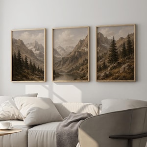 Väggkonst med berg, set om 3, vintage alpina tryck, triptyk med skogslandskap, stugdekor