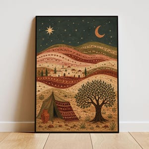 Arte murale palestinese, arte popolare dell'ulivo, stampa mediorientale, arredamento boho con paesaggio desertico