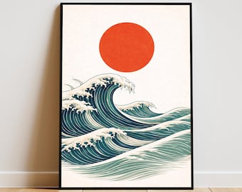 Japanese Wave Sun Poster, Minimalist Ocean Wall Art, Ukiyo-e Inspired Print, Japandi Coastal Decor