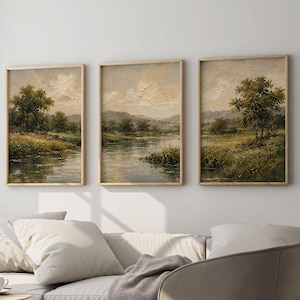 Landskapsväggkonst set med 3, vintage flodtryck, bondgårdsnaturtriptyk, rustik inredning