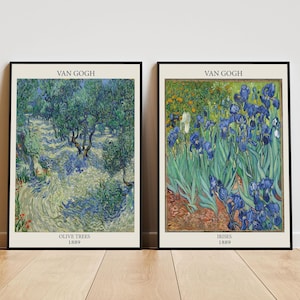 Van Gogh Poster 2er Set, Iris 1889 & Olivenbäume 1889, Botanische Kunstdrucke