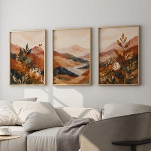 Ensemble de 3 tableaux muraux représentant des paysages d'automne, impressions de montagnes automnales, triptyque botanique en terre cuite