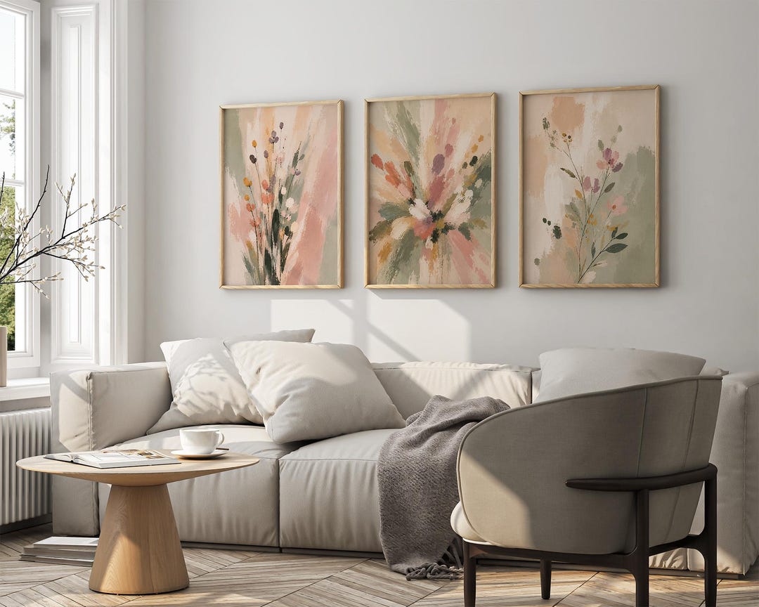 Abstract Floral Set of 3, Pastel Wildflower Prints, Boho Wall Art ...