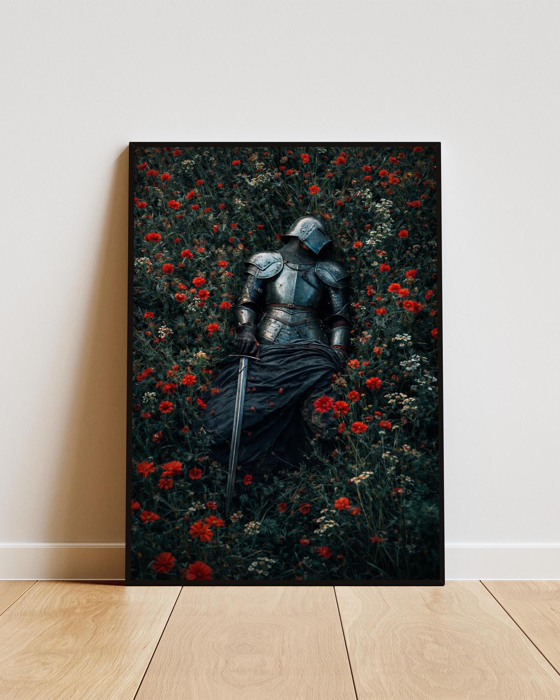Medieval Knight Wall Art, Dark Gothic Fantasy Poster, Red Flowers Armor ...