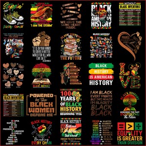 Pode incluir: Uma coleção de designs gráficos com temas de história negra e empoderamento. Os designs apresentam texto, ilustrações e citações, incluindo frases como "Black History is American History" e "Equality is Greater Than Division".