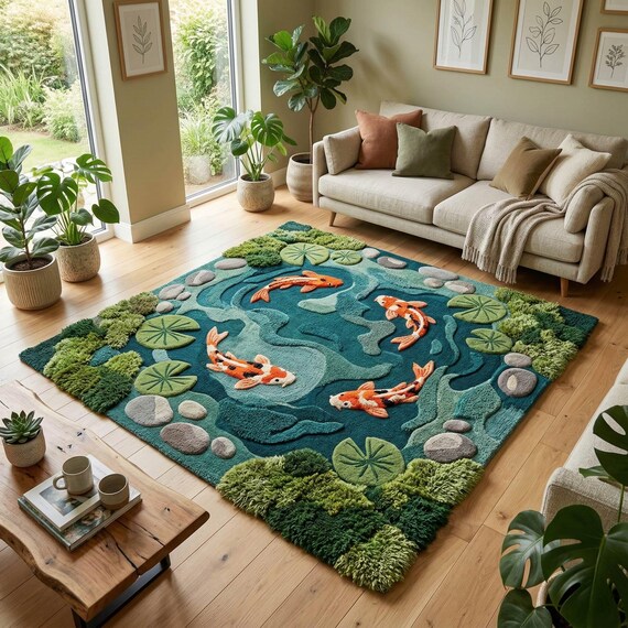 Koi Pond 3D Area Rug — Zen Nature-Inspired Statement Piece Accent, Biophilic Home Decor Green Teal Orange Tufted Wool Carpet