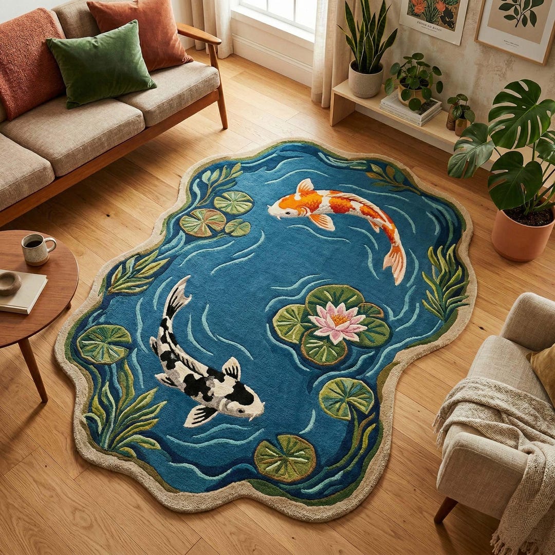 Aquatic Rug Irregular Koi Pond Rug Hand Tufted Wool Carpet, Zen Garden Biophilic ...