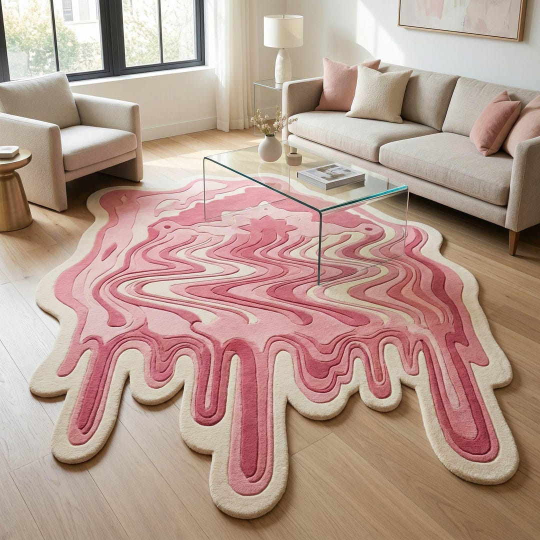 Puddle Rug Shape Melting Pink Puddle Rug, Pink and Cream Drip Rug, Funky Pop Art Decor ...