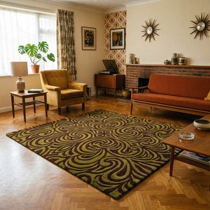 Olive green purple swirl rug, Mid century groovy rug, Rectangular abstract line rug, Dark plum and green rug, Vintage living room rug