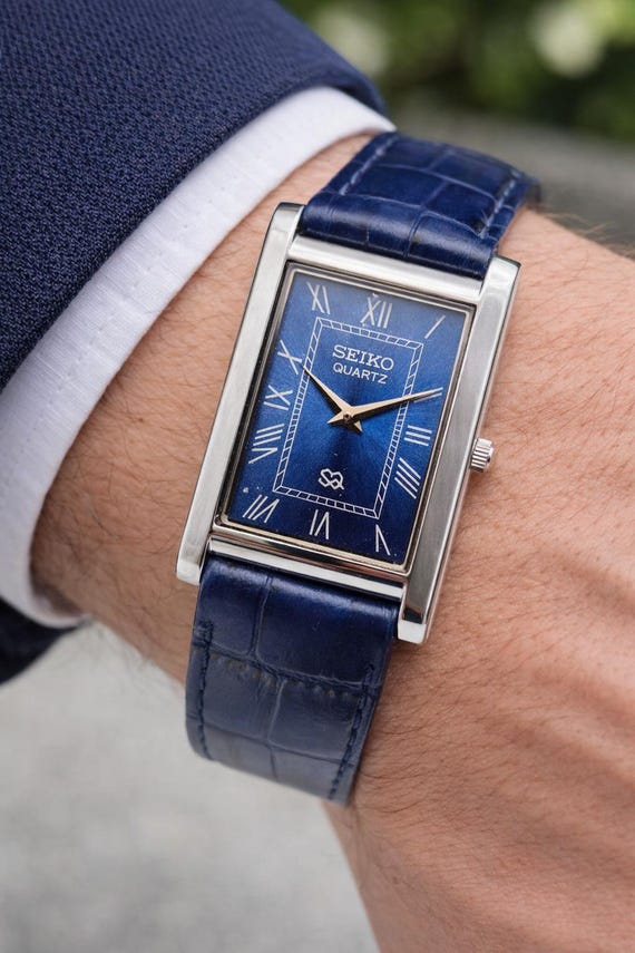 Vintage Seiko Slim Tank Quartz Men's Wrist Watch- Seiko Blue