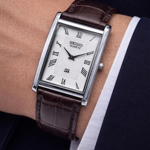 Reloj de pulsera vintage Seiko Slim Tank de cuarzo para hombre - Marrón y blanco