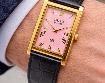 Vintage Seiko Slim Tank Quartz Men's Wrist Watch - Seiko Black & Pink