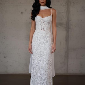 Vintage kant zeemeermin trouwjurk met doorschijnend korset en chiffon sjaal - Couture kolom bruidsjurk voor luxe bruiloften in tuinlandgoed