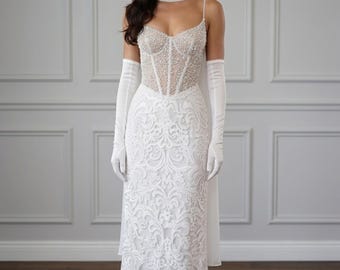 Abito da sposa a sirena in pizzo ricamato con corpetto a corsetto impreziosito da perline, elegante abito da sposa senza maniche, abito da sposa di lusso minimalista