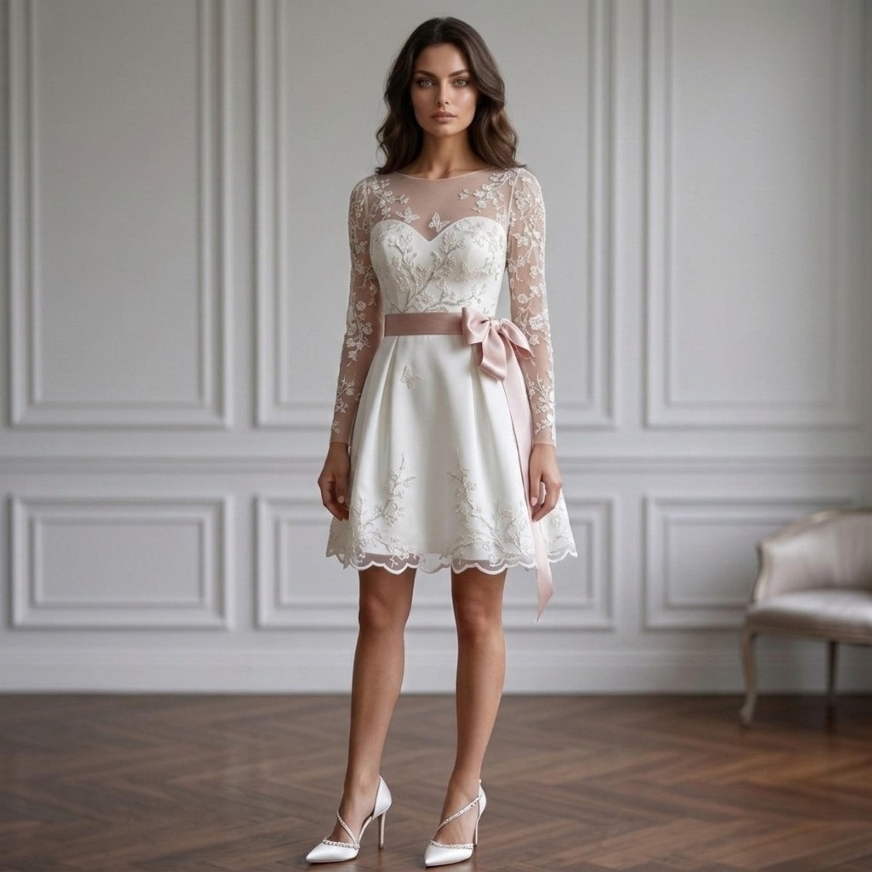 Short Lace Courthouse Wedding Dress with Blush Bow