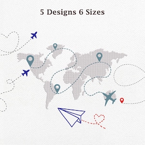 May include: An illustration featuring a world map with travel-themed elements. Blue airplanes, red location markers, and dotted lines trace flight paths. The text "5 Designs 6 Sizes" is at the top.