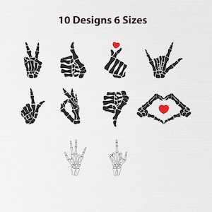 May include: A collection of ten black skeleton hand gestures, including thumbs up, peace signs, and a heart shape with a red heart. The text "10 Designs 6 Sizes" is at the top. The hands are on a white background.