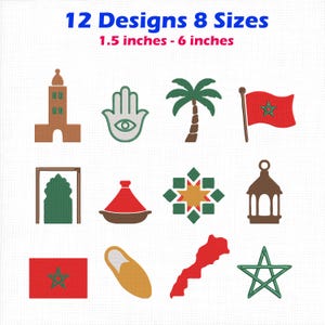 May include: A collection of 12 machine embroidery designs featuring Moroccan-themed icons including a minaret, hamsa, palm tree, flag, archway, tagine, geometric star, lantern, slipper, map, and star. Text reads 12 Designs 8 Sizes 1.5 inches - 6 inches.