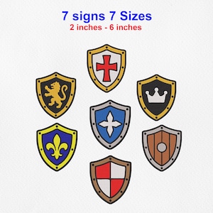 May include: Seven embroidered shield patches in various designs, including a red cross, a yellow lion, a white crown, a blue fleur-de-lis, a white star, a brown wood-grain pattern, and a red and white checkered pattern. Text reads 7 signs 7 Sizes 2 inches - 6 inches.
