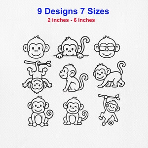 Peut inclure: Un ensemble de neuf illustrations de singes en trait noir sur fond blanc. Le texte en haut indique 9 Designs 7 Sizes et 2 inches - 6 inches. Les singes sont représentés dans diverses positions, notamment suspendus, assis et portant des lunettes.