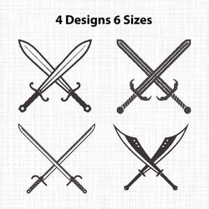 May include: Black and white illustrations of crossed swords. The image shows four different designs of crossed swords, each with unique handle and blade styles. Text at the top reads "4 Designs 6 Sizes".