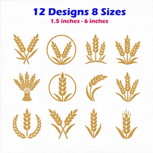 Puede incluir: Doce diseños de bordado de espigas de trigo doradas en ocho tamaños que van de 3,8 cm a 15,2 cm. La colección presenta varias disposiciones de espigas de trigo, incluyendo marcos circulares, haces y tallos individuales sobre un fondo blanco.